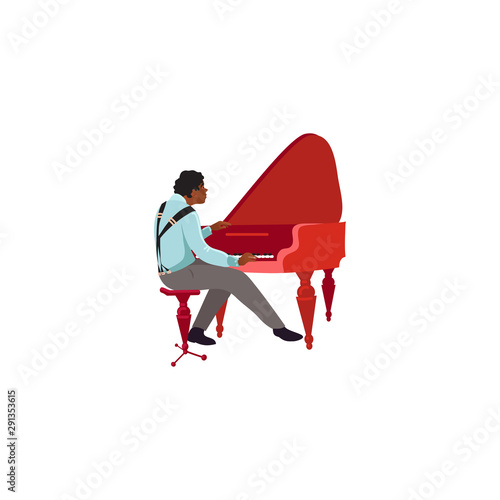 Black male jazz musician playing red piano vector illustration