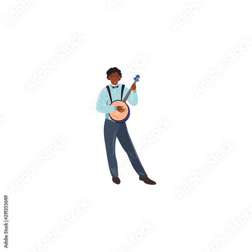 Young black male jazz musician playing banjo vector illustration