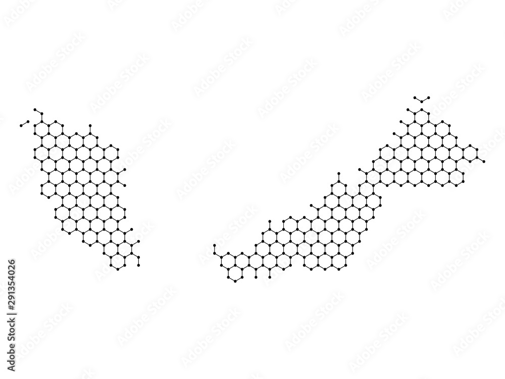 Malaysia map from abstract futuristic hexagonal shapes, lines, points black, in the form of honeycomb or molecular structure. Vector illustration.