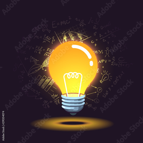Glowing idea light bulb and formulas in background
