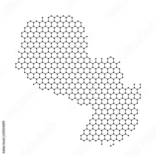 Paraguay map from abstract futuristic hexagonal shapes, lines, points black, in the form of honeycomb or molecular structure. Vector illustration.