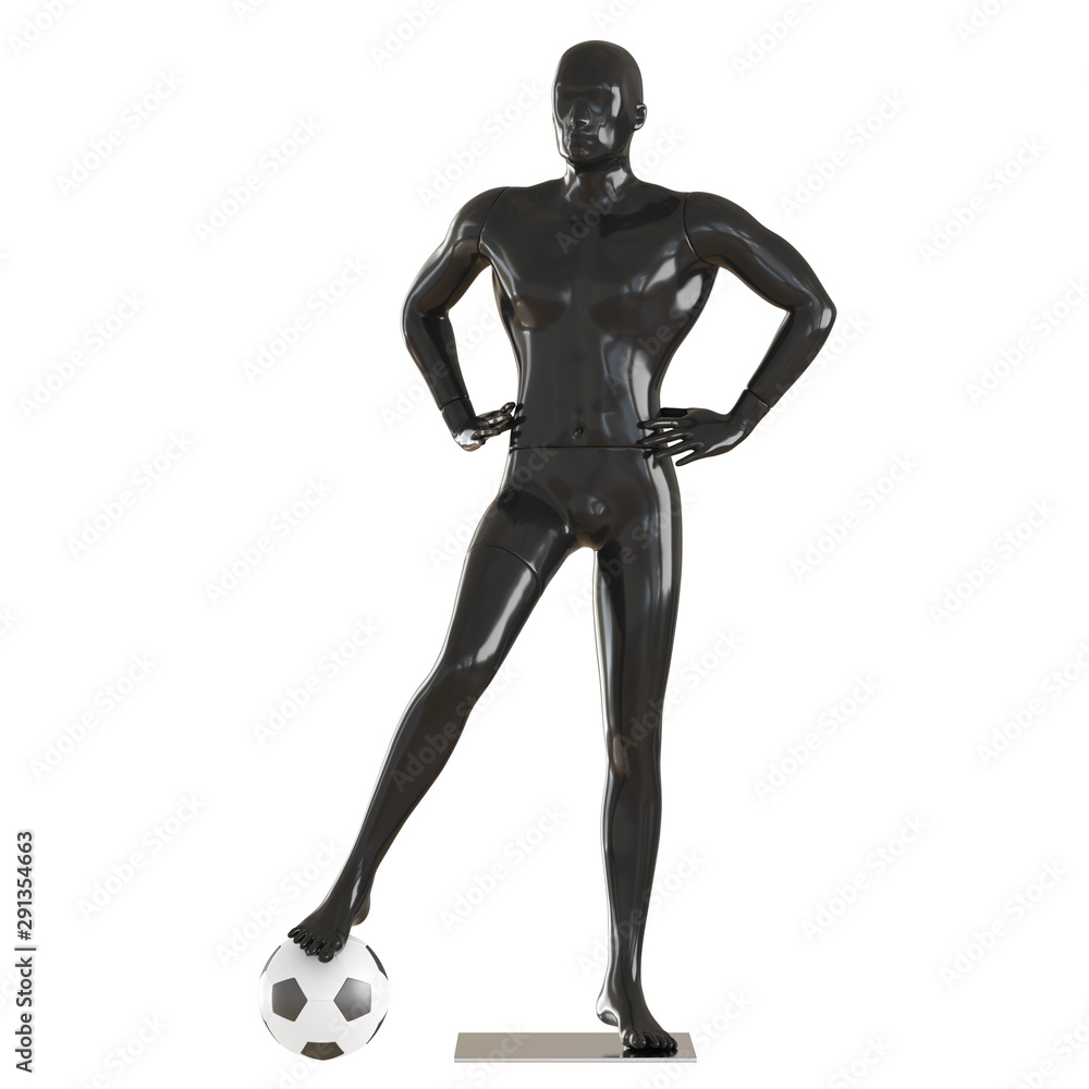 A mannequin black soccer player holds his hands on his belt, and his leg stands on a soccer ball. 3D rendering on isolated background