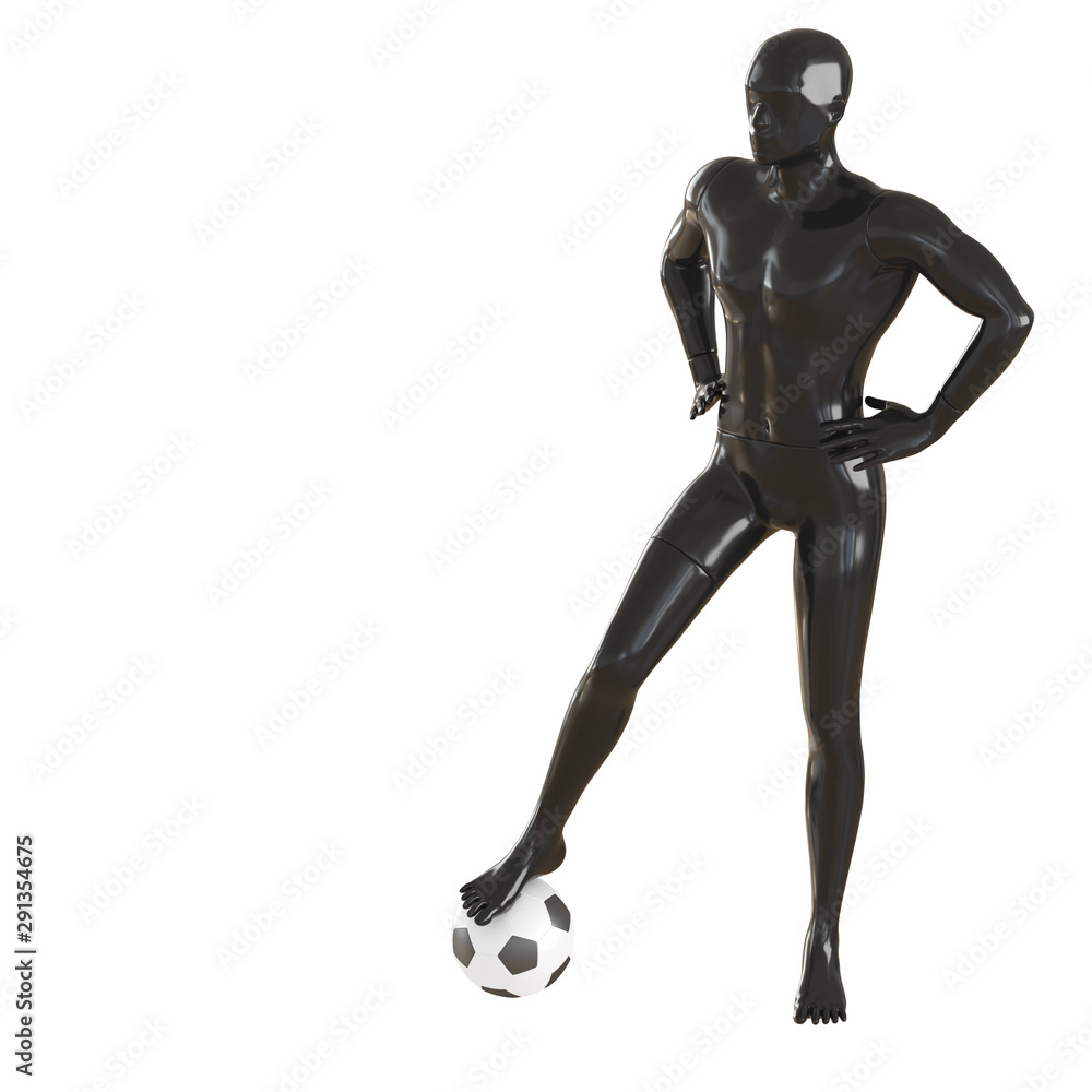 A mannequin black soccer player holds his hands on his belt, and his leg stands on a soccer ball. 3D rendering on isolated background