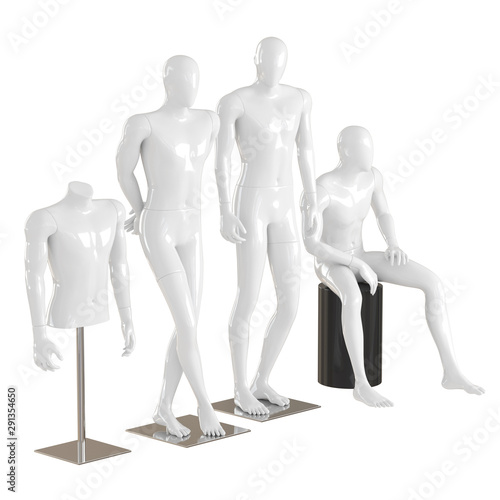 Four different white mannequins in a standing and sitting pose and one torso mannequin on an iron rack. 3D rendering on isolated background