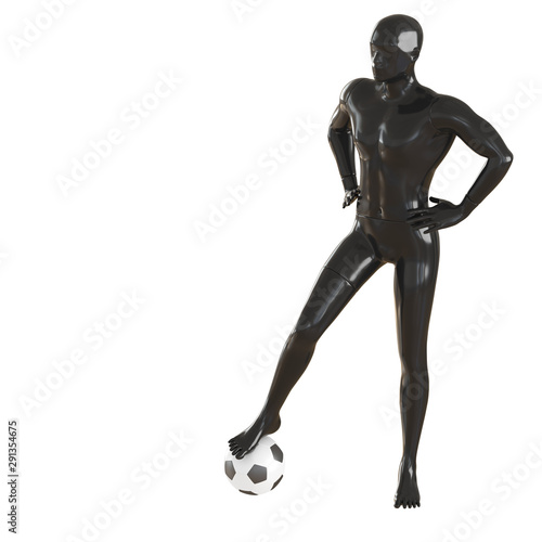 A mannequin black soccer player holds his hands on his belt, and his leg stands on a soccer ball. 3D rendering on isolated background © jockermax3d
