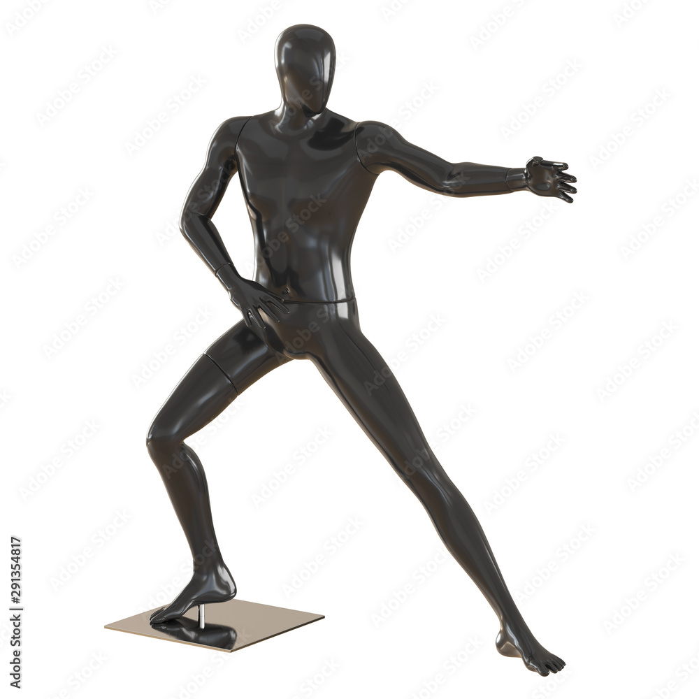 A black faceless mannequin stands in a pose as in martial arts. 3D rendering on isolated background A black faceless mannequin stands in a pose as in martial arts. 3D rendering on isolated background