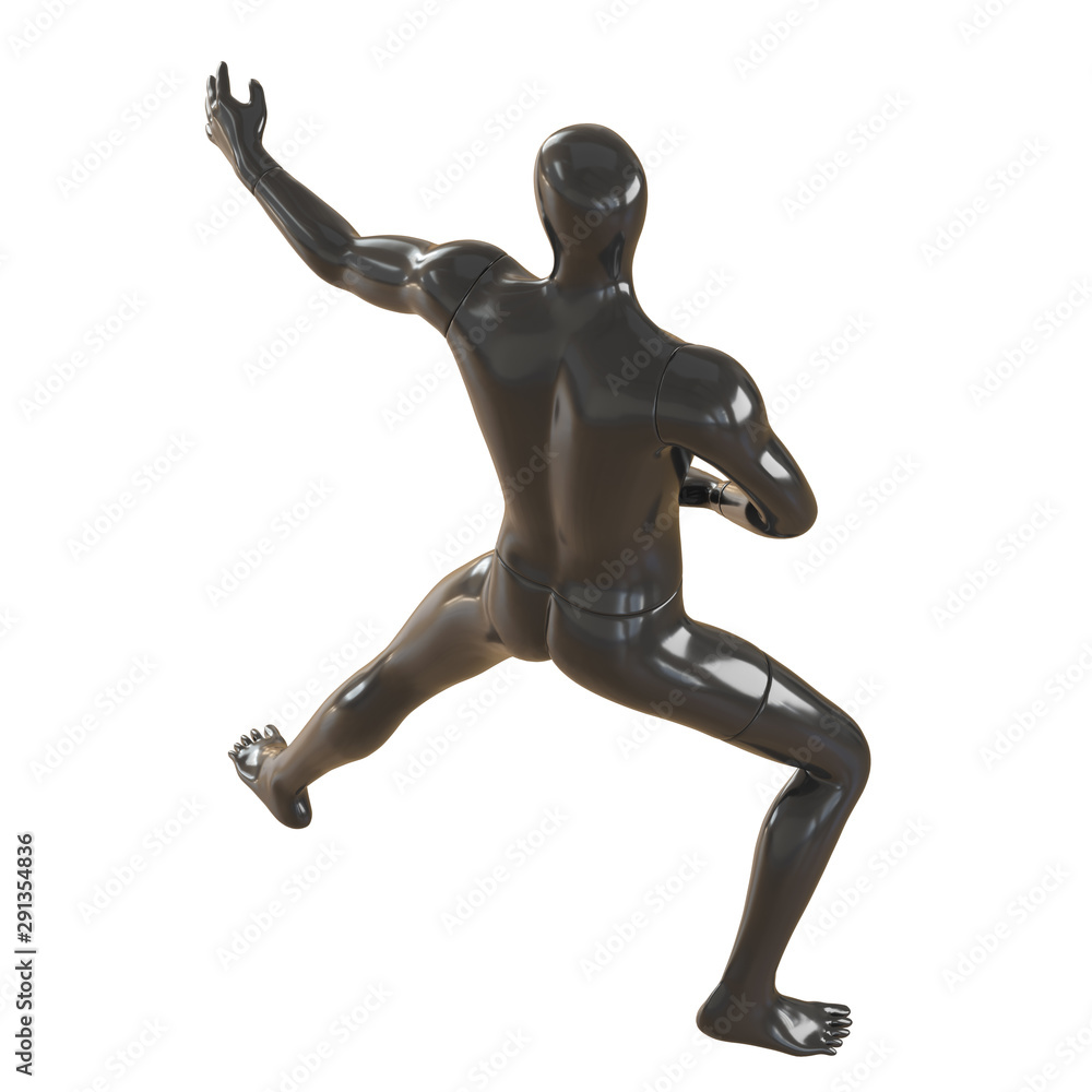 A black faceless mannequin stands in a pose as in martial arts. 3D rendering on isolated background A black faceless mannequin stands in a pose as in martial arts. 3D rendering on isolated background