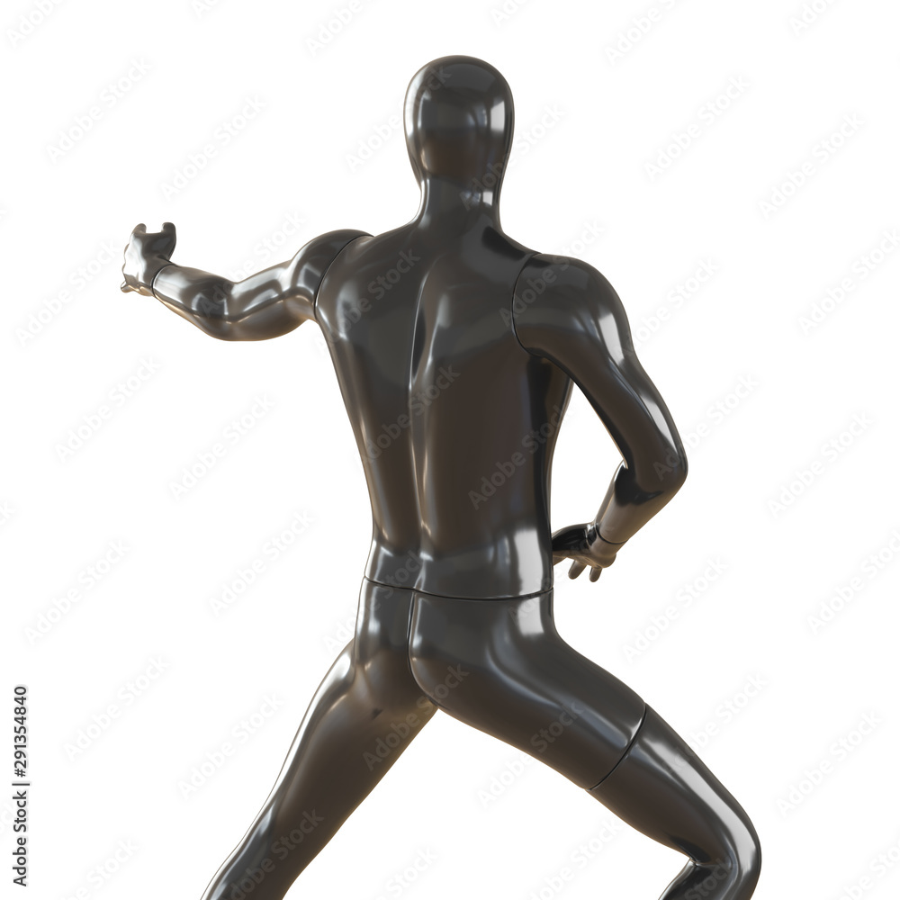 A black faceless mannequin stands in a pose as in martial arts. 3D rendering on isolated background