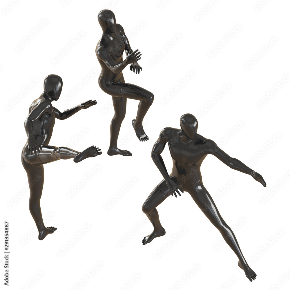 Three black mannequins stand against each other in different stances as in martial arts. 3D rendering on isolated background