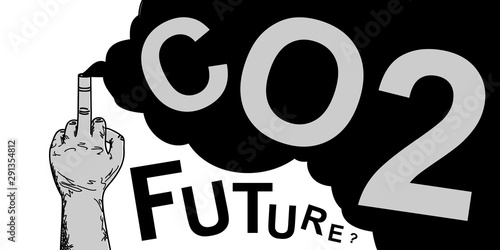 Co2 and pollution concept with hand giving the middle finger. Carbon dioxide, climate change and environmental issue regarding the future.