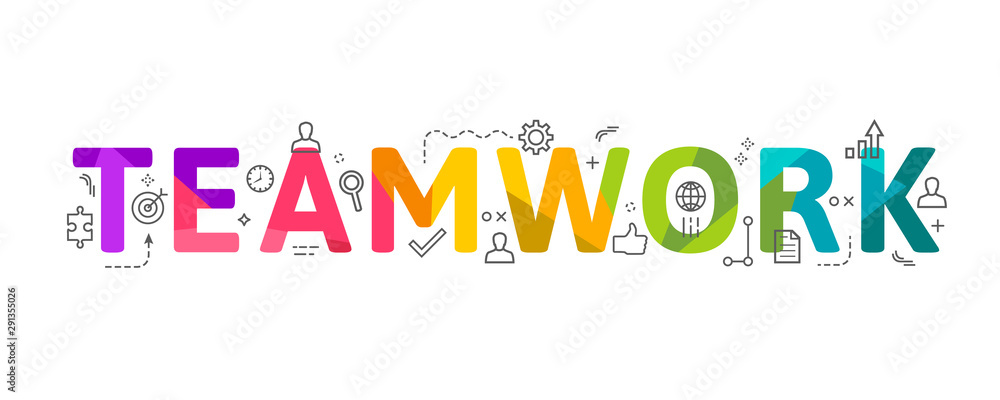 Fototapeta premium Teamwork concept as word lettering in colorful low poly design with related thin line icons. Creative vector illustration isolated on white background.