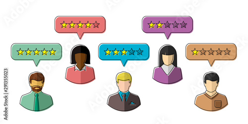 Rating and review concept with people giving stars as feedback and evaluation. Vector illustration in line art.