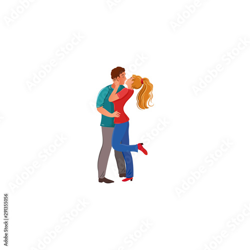 Young lovers couple standing and kissing vector illustration