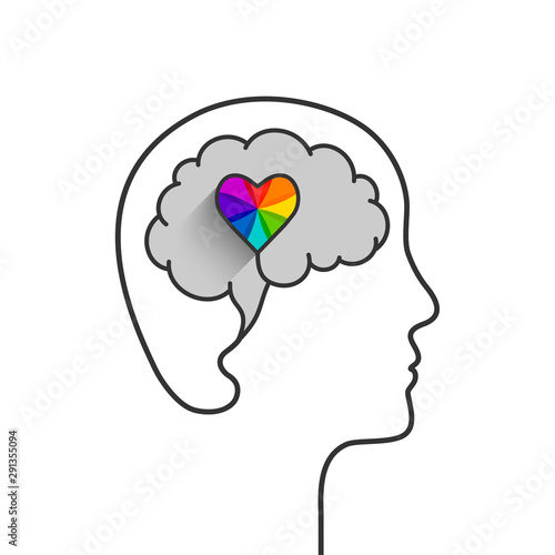 Human head and brain silhouette concept with colorful heart