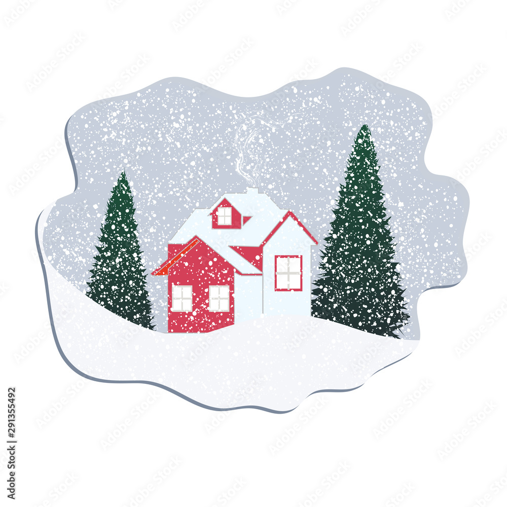 Fototapeta premium Winter landscape. House in the forest, spruce, snowfall - flat style - illustration, vector. New Year 2020
