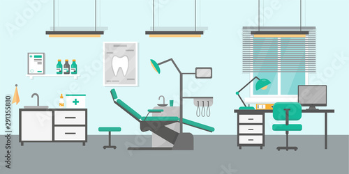 Dental office flat vector illustration. Ortodontic consultation room interior.
