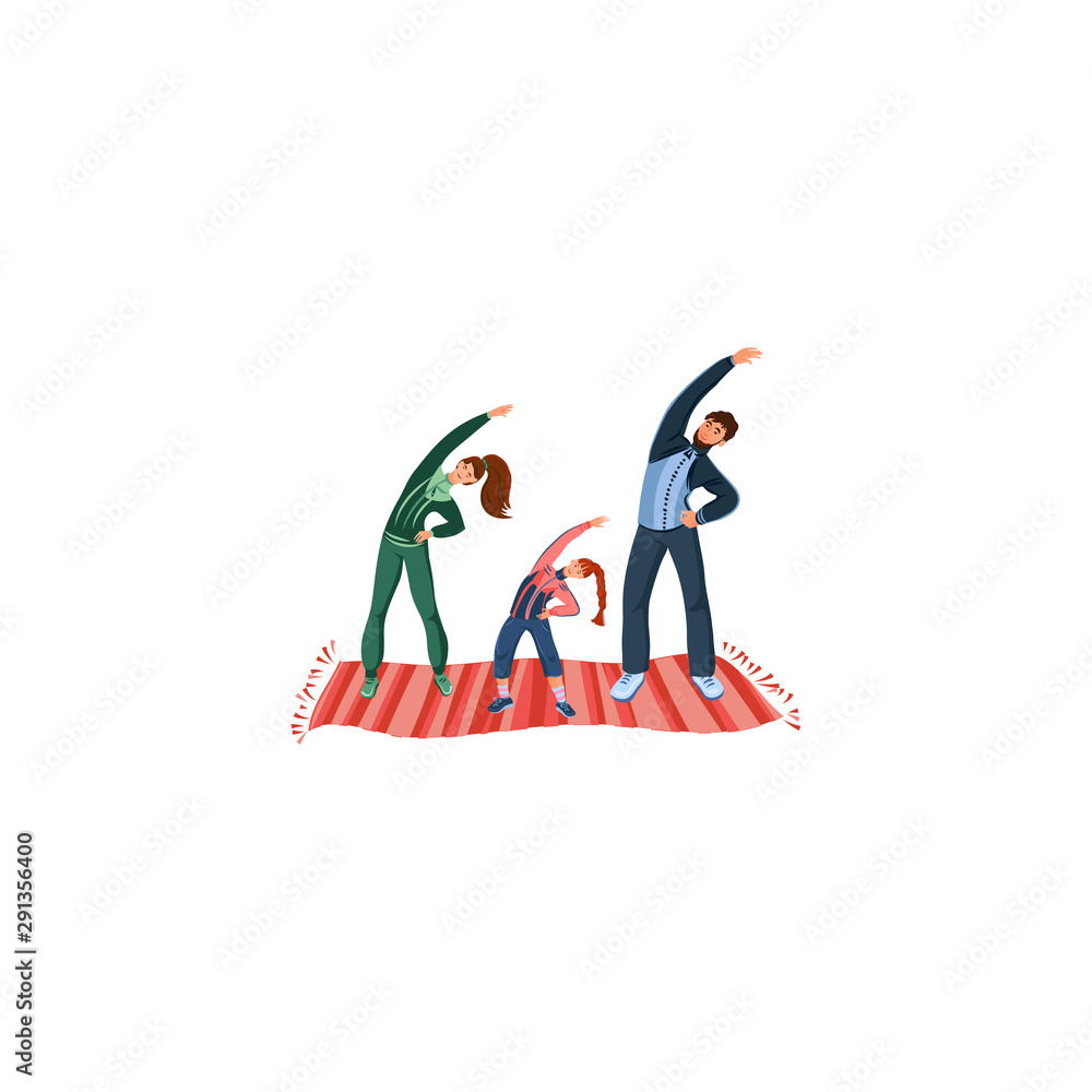 Obraz premium Parents and daughter doing sport exercises together vector illustration