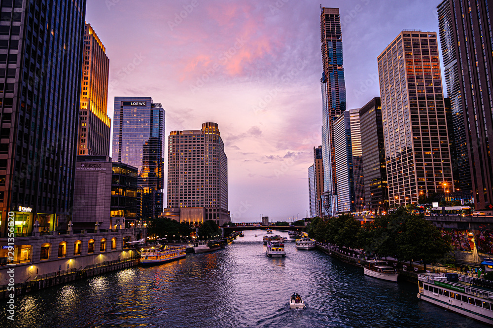 Obraz premium Skyline Chicago Illinois USA Zachód słońca