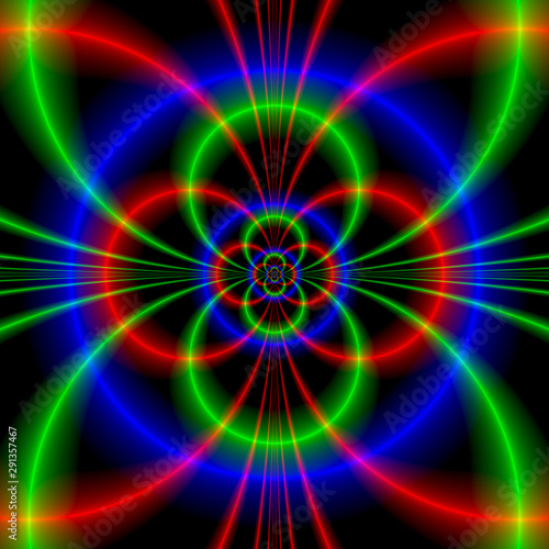 Qua-trefoil in Blue Green and Red / A digital abstract work with a qua-trefoil and geometric shaped design in blue, green, red and black.