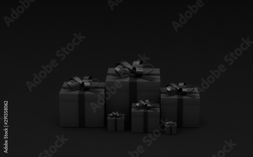 Gift boxes wrapped in black paper with black ribbon. On blackbackground. 3d render illustration