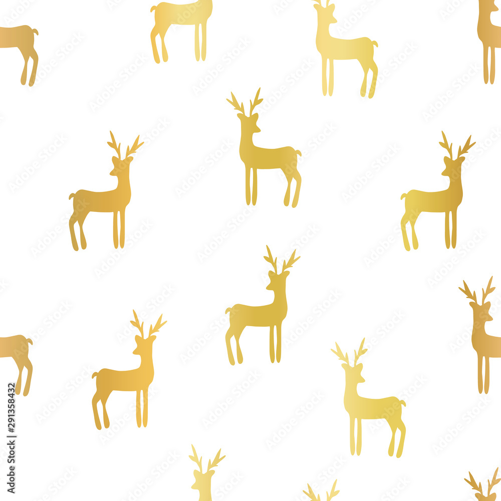 Gold foil deer silhouettes seamless vector background. Repeating pattern metallic golden deer on white backdrop. Simple elegant Christmas design for gift wrap, digital paper, holiday decor Gold foil deer silhouettes seamless vector background. Repeating pattern metallic golden deer on white backdrop. Simple elegant Christmas design for gift wrap, digital paper, holiday decor