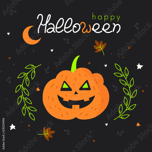 Happy halloween cartoon poster with pumpkin. Hand drawn vector illustrations