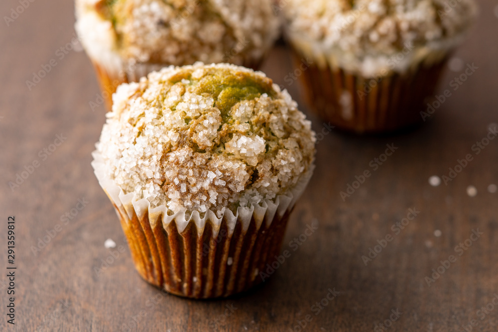 Homemade pistachio muffins with sugar crystals Homemade pistachio muffins with sugar crystals