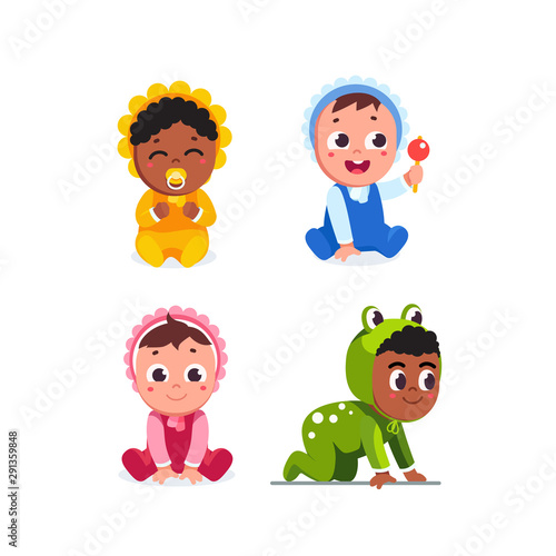 Smiling infant baby children sitting and crawling