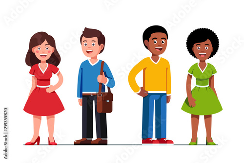 Women and men standing wearing colorful clothes
