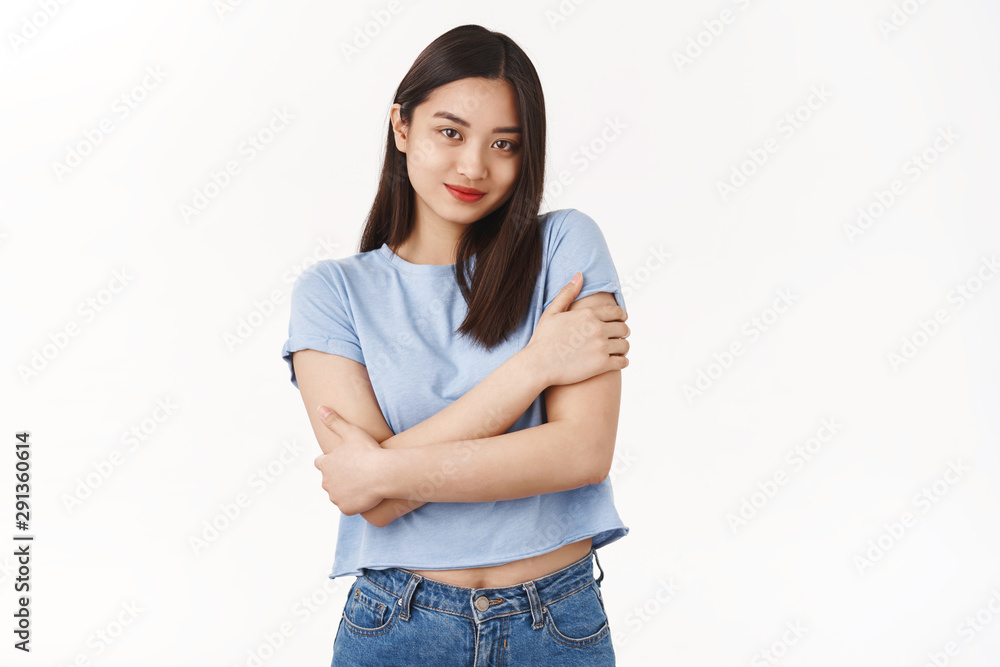 Tender feminine romantic silly asian girl dark short hairstyle touch own body hugging cross arms tenderness lovely pose smiling caring relaxed camera standing white background delighted Tender feminine romantic silly asian girl dark short hairstyle touch own body hugging cross arms tenderness lovely pose smiling caring relaxed camera standing white background delighted