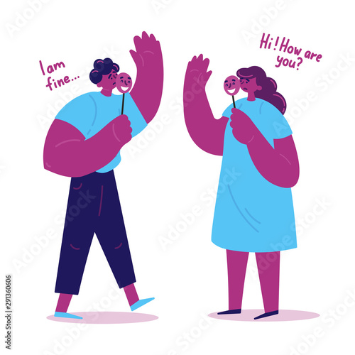 A young woman and man are holding masks with positive emotions.They are tired of the fact that constantly has to play a role, change the mask.They got confused in her emotions. 