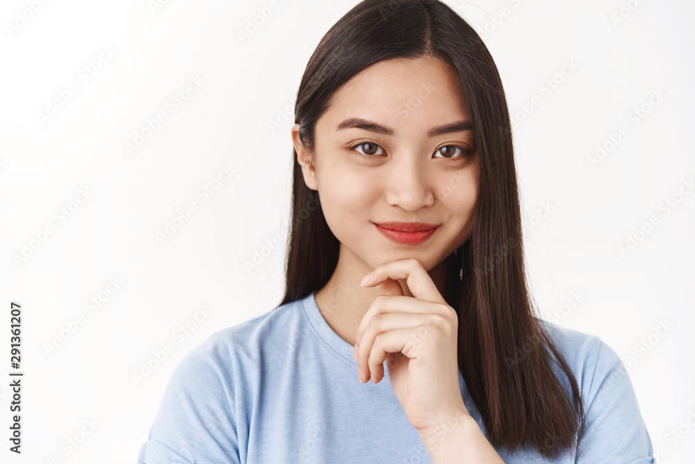 Unaltered motivated smart assertive asian girl acne prone skin pimples forehead smiling delighted touch chin ponder interesting suggestion thoughtfully accept offer, thinking white background Unaltered motivated smart assertive asian girl acne prone skin pimples forehead smiling delighted touch chin ponder interesting suggestion thoughtfully accept offer, thinking white background