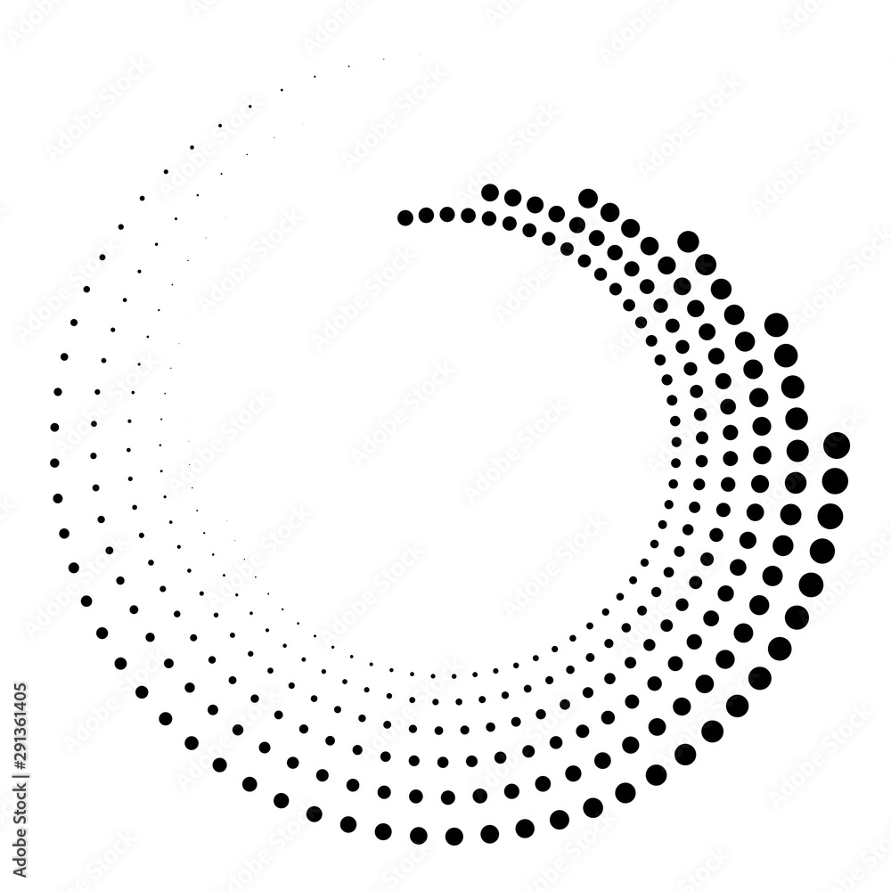 Dotted, dots, speckles abstract concentric circle. Spiral, swirl, twirl element.Circular and radial lines volute, helix.Segmented circle with rotation.Radiating arc lines.Cochlear, vortex illustration