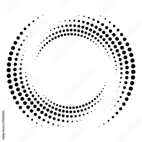 Dotted, dots, speckles abstract concentric circle. Spiral, swirl, twirl element.Circular and radial lines volute, helix.Segmented circle with rotation.Radiating arc lines.Cochlear, vortex illustration