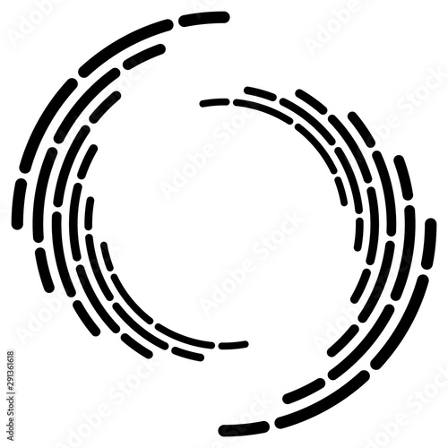 Segmented circle with rotation.Circular and radial Dashed lines volute, helix. Abstract concentric circle.Spiral, swirl, twirl element.   Radiating arc lines. Geometric cochlear, vortex illustration