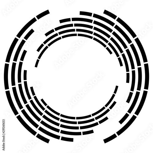 Segmented circle with rotation.Circular and radial Dashed lines volute, helix. Abstract concentric circle.Spiral, swirl, twirl element.   Radiating arc lines. Geometric cochlear, vortex illustration