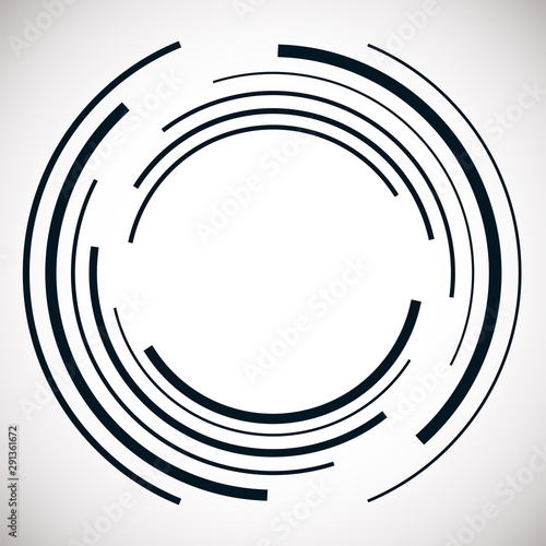 Abstract concentric circle. Spiral, swirl, twirl element. Circular and radial lines volute, helix. Segmented circle with rotation. Abstract radiating arc lines. Geometric cochlear, vortex illustration