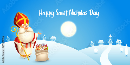 Happy Saint Nicholas day - winter scene greeting card or banner - blue background photo