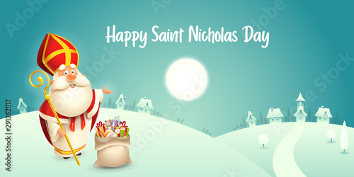 Happy Saint Nicholas day - winter scene greeting card or banner - turquoise background