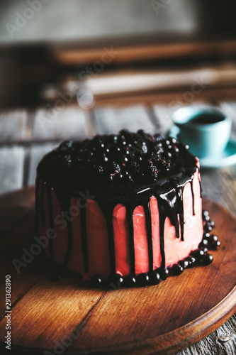 Cake berries close up coffee on wood table photo