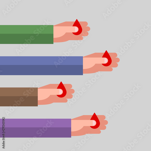 Red drops in hands. Blood type and donation