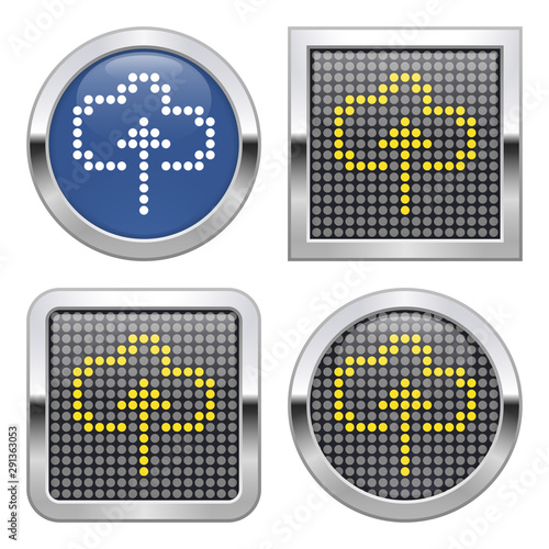 Dotted icon of uploading to cloud on glossy button in four variants