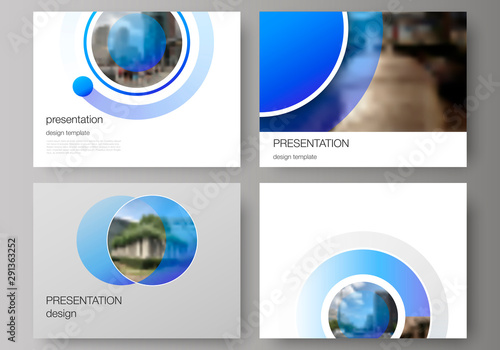 The minimalistic abstract vector illustration of the editable layout of the presentation slides design business templates. Creative modern blue background with circles and round shapes.