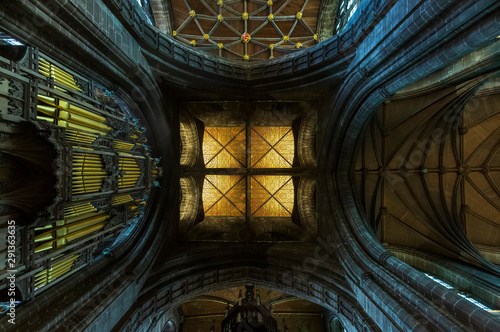 Chester, England, August 14th 2019. The ornate highly decorated wooden ceiling of Chester Cathedral, England photo