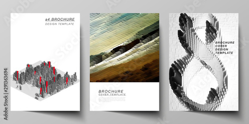 Vector layout of A4 format cover mockups design templates for brochure, magazine, flyer, annual report. Big data. Dynamic geometric background. Cubes pattern design, motion effect. 3d technology style