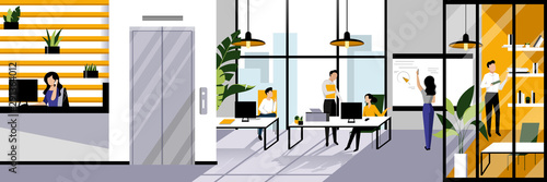 Office workspace and working business people. Vector flat cartoon illustration. Open space contemporary interior design