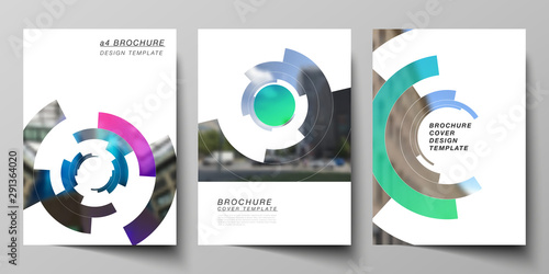 The vector layout of A4 format modern cover mockups design templates for brochure, magazine, flyer, report. Futuristic design circular pattern, circle elements forming geometric frame for photo.