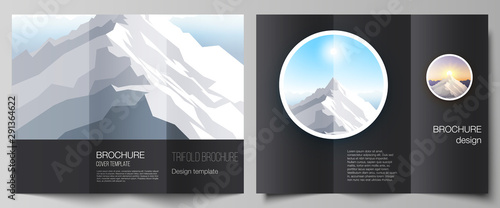 The minimal vector illustration layouts. Modern creative covers design templates for trifold brochure or flyer. Mountain illustration, outdoor adventure. Travel concept background. Flat design vector.