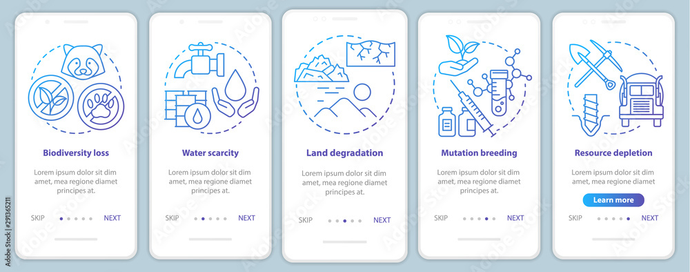 Environmental issues onboarding mobile app page screen vector template. Biodiversity loss. Walkthrough website steps with linear illustrations in blue. UX, UI, GUI smartphone interface concept