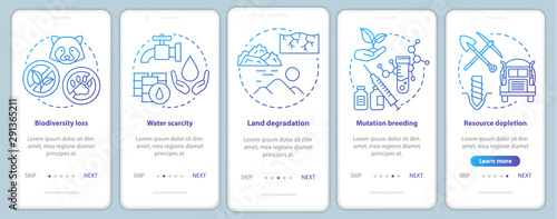 Environmental issues onboarding mobile app page screen vector template. Biodiversity loss. Walkthrough website steps with linear illustrations in blue. UX, UI, GUI smartphone interface concept